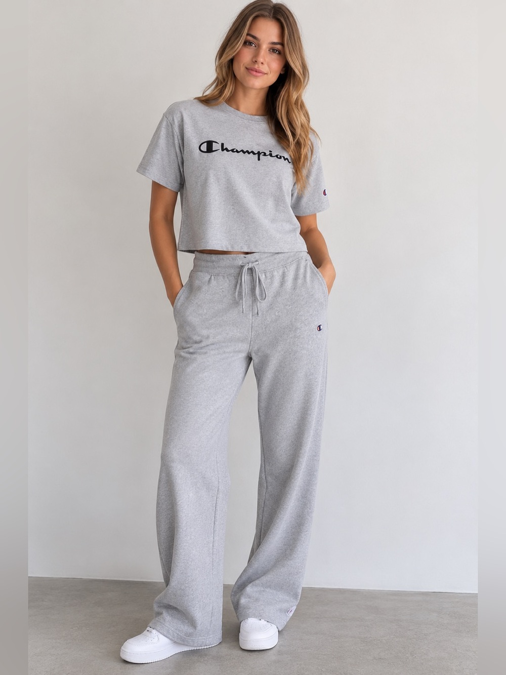 Champion 2-Piece Gray Sweat Set Cropped Tee & High Ride Fleece Wide Leg Pants XS
